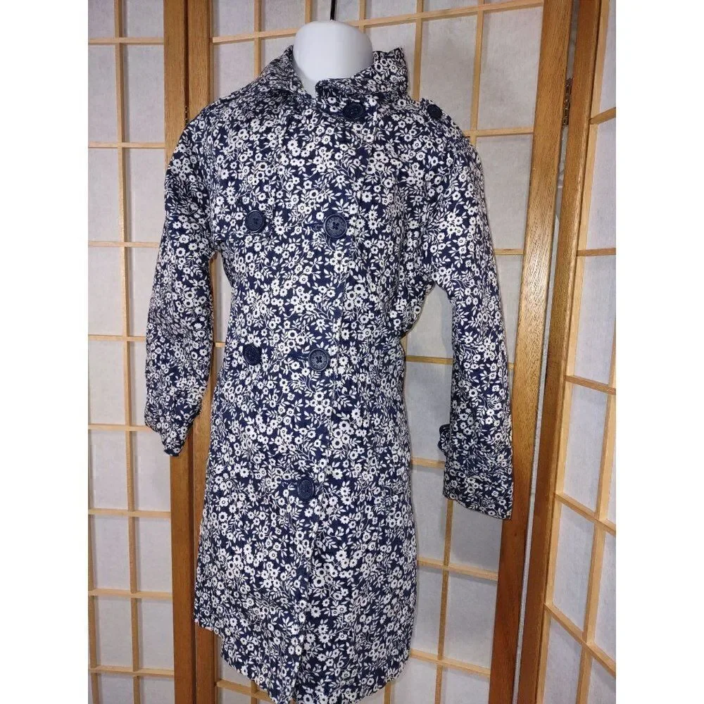 Baby Gap Toddler Size 4 Floral Trench Coat Navy White Double Breasted Jacket
